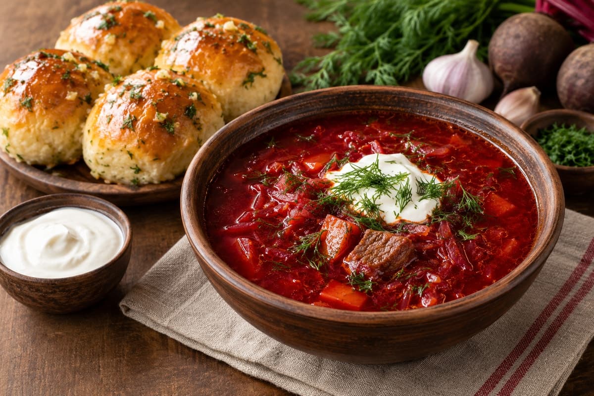 Борщ с говядиной и пампушками