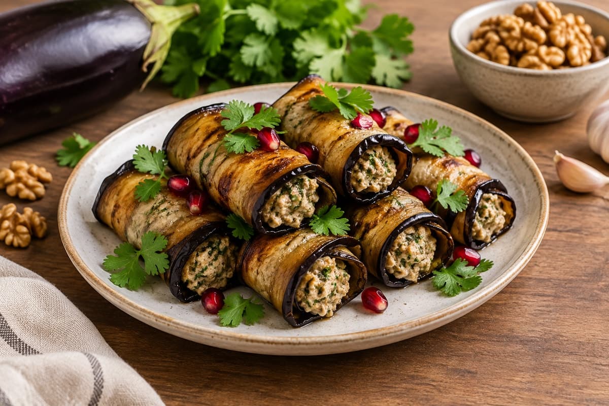 Рулетики из баклажанов с ореховой начинкой